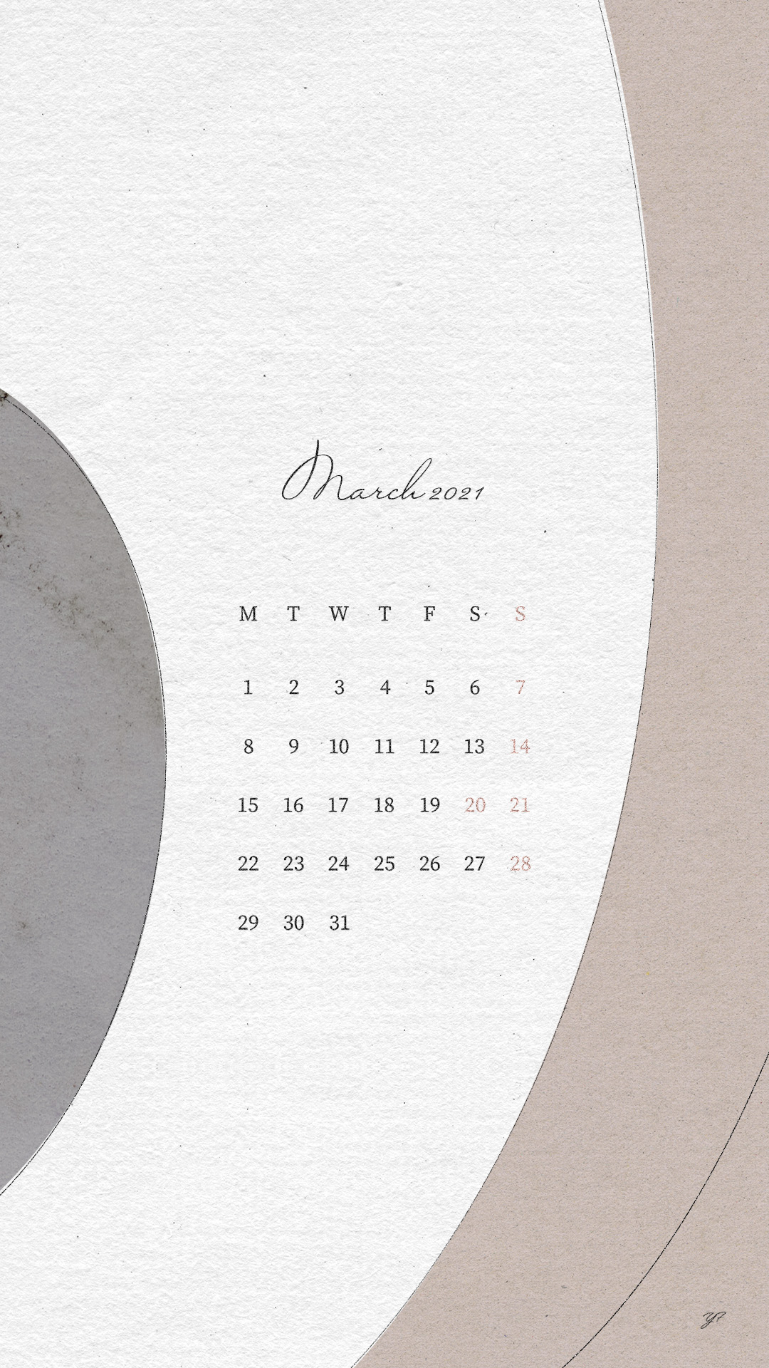 2021年3月のiPhone版月曜日始まりカレンダー壁紙 グレー×ピンク 1080×1920px