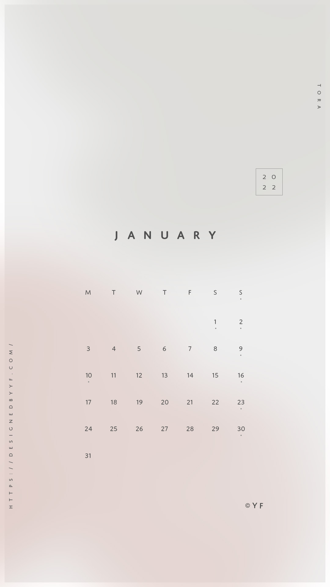 2022年1月のiPhone版月曜日始まりカレンダー壁紙 ピンク系 1080×1920px