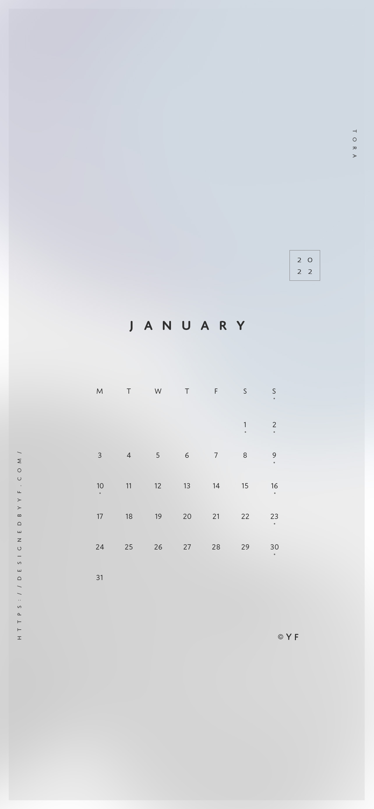 2022年1月のiPhone版月曜日始まりカレンダー壁紙 ブルー系 1284×2778px