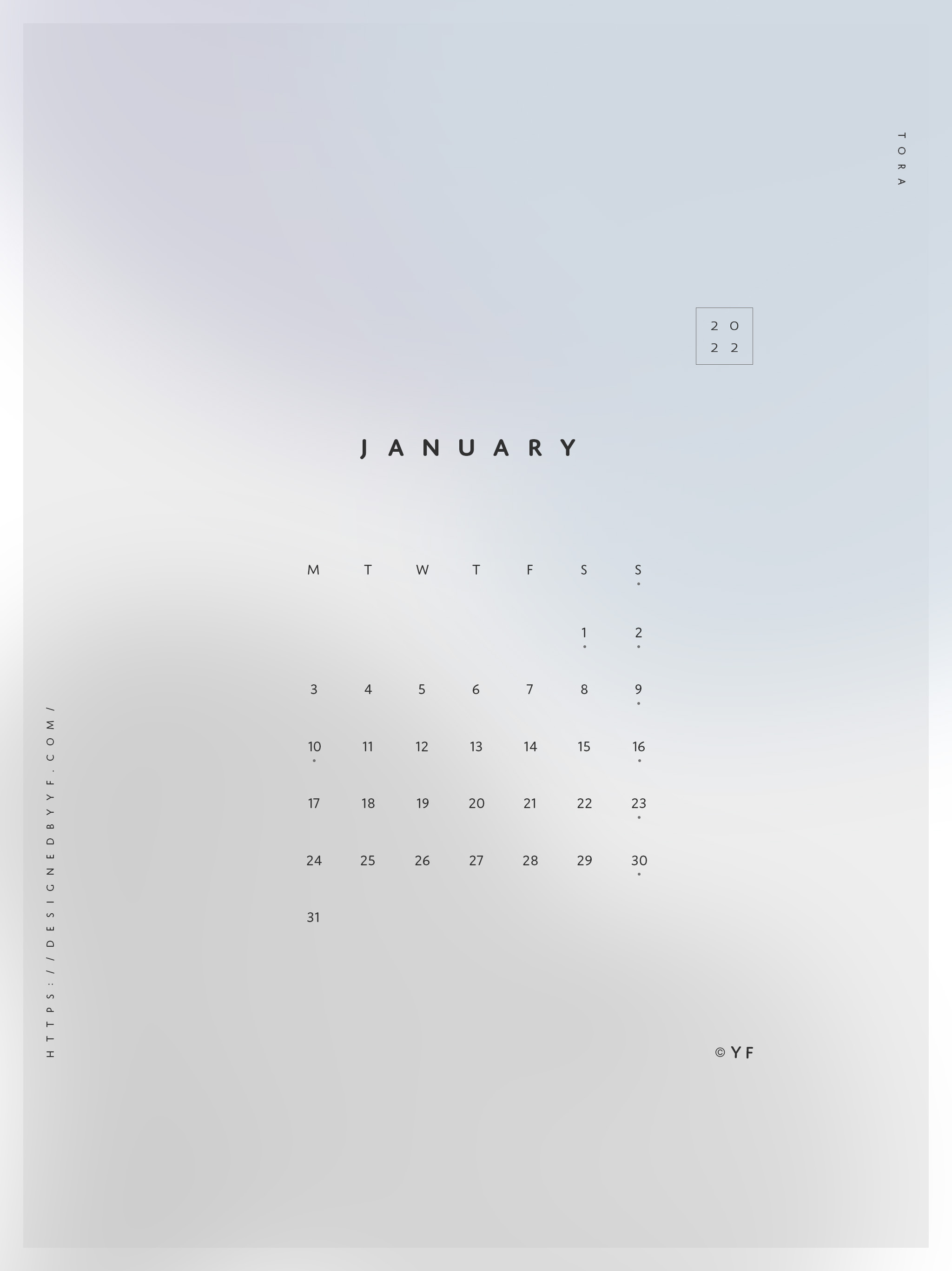 2022年1月のiPad版月曜日始まりカレンダー壁紙 ブルー系 2048×2732px