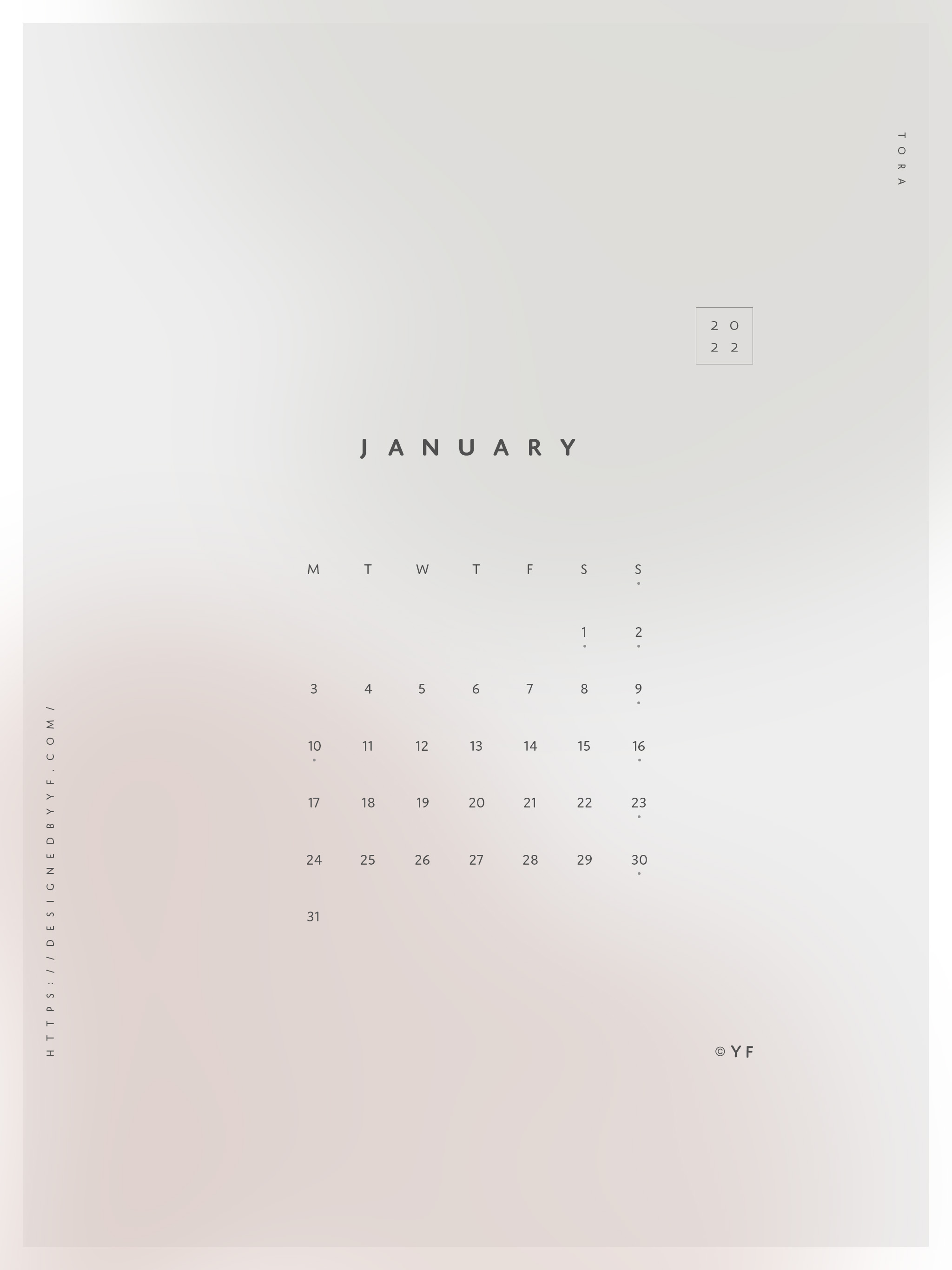 2022年1月のiPad版月曜日始まりカレンダー壁紙 ピンク系 2048×2732px