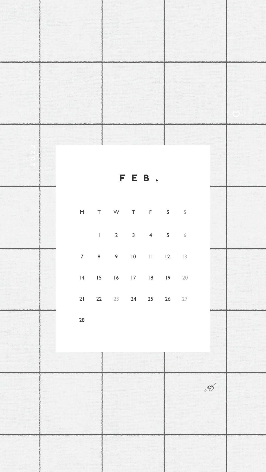 2022年2月のiPhone版月曜日始まりカレンダー壁紙 グレー 1080×1920px