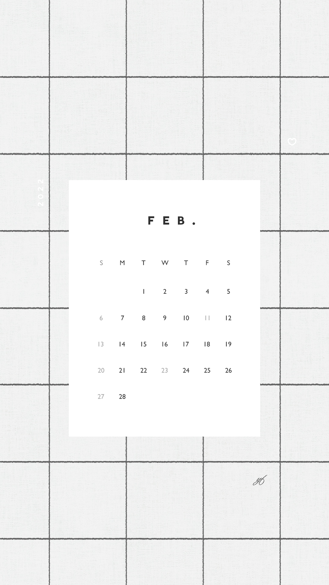 2022年2月のiPhone版日曜日始まりカレンダー壁紙 グレー 1080×1920px