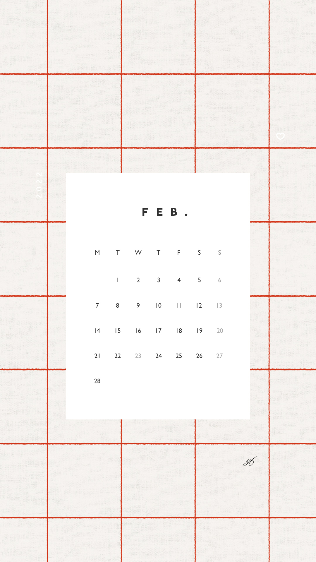 2022年2月のiPhone版月曜日始まりカレンダー壁紙 レッド 1080×1920px