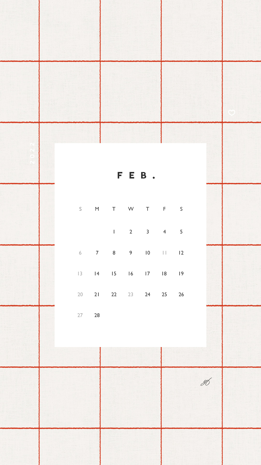 2022年2月のiPhone版日曜日始まりカレンダー壁紙 レッド 1080×1920px