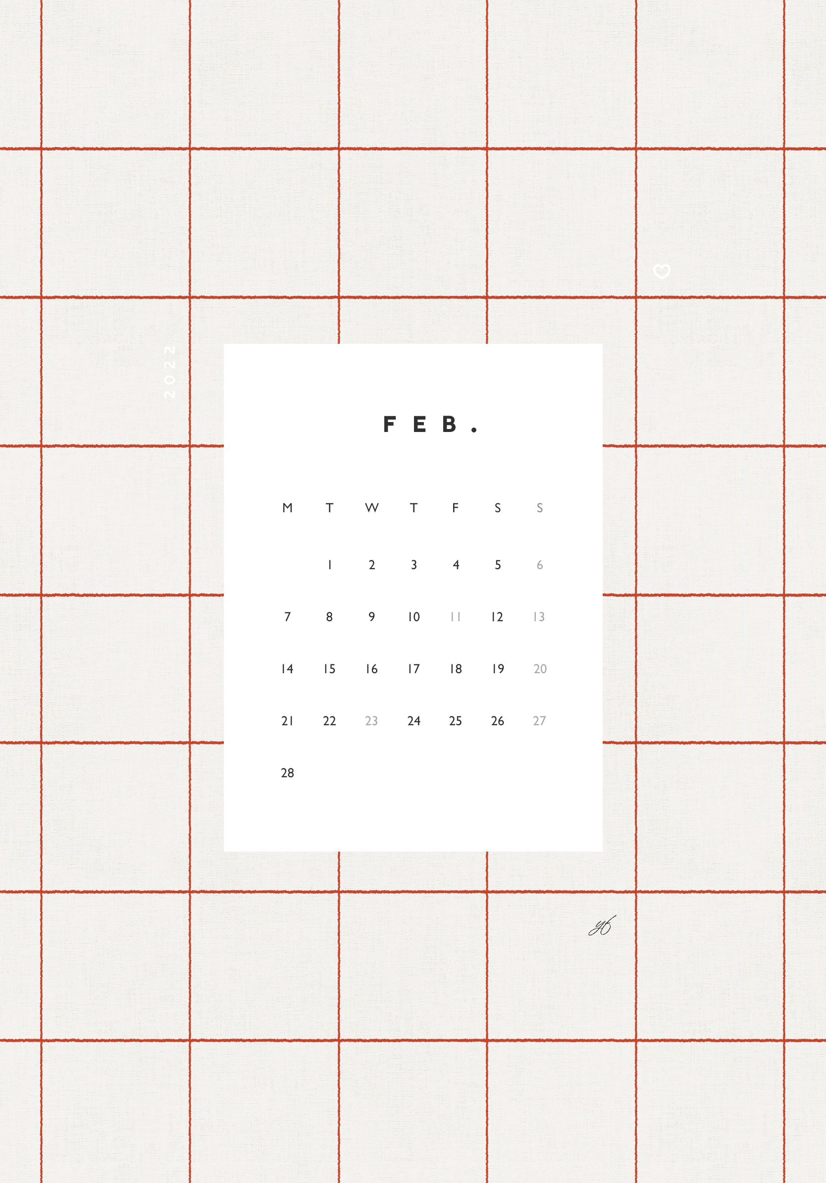 2022年2月のiPad版月曜日始まりカレンダー壁紙 レッド 1668×2388px