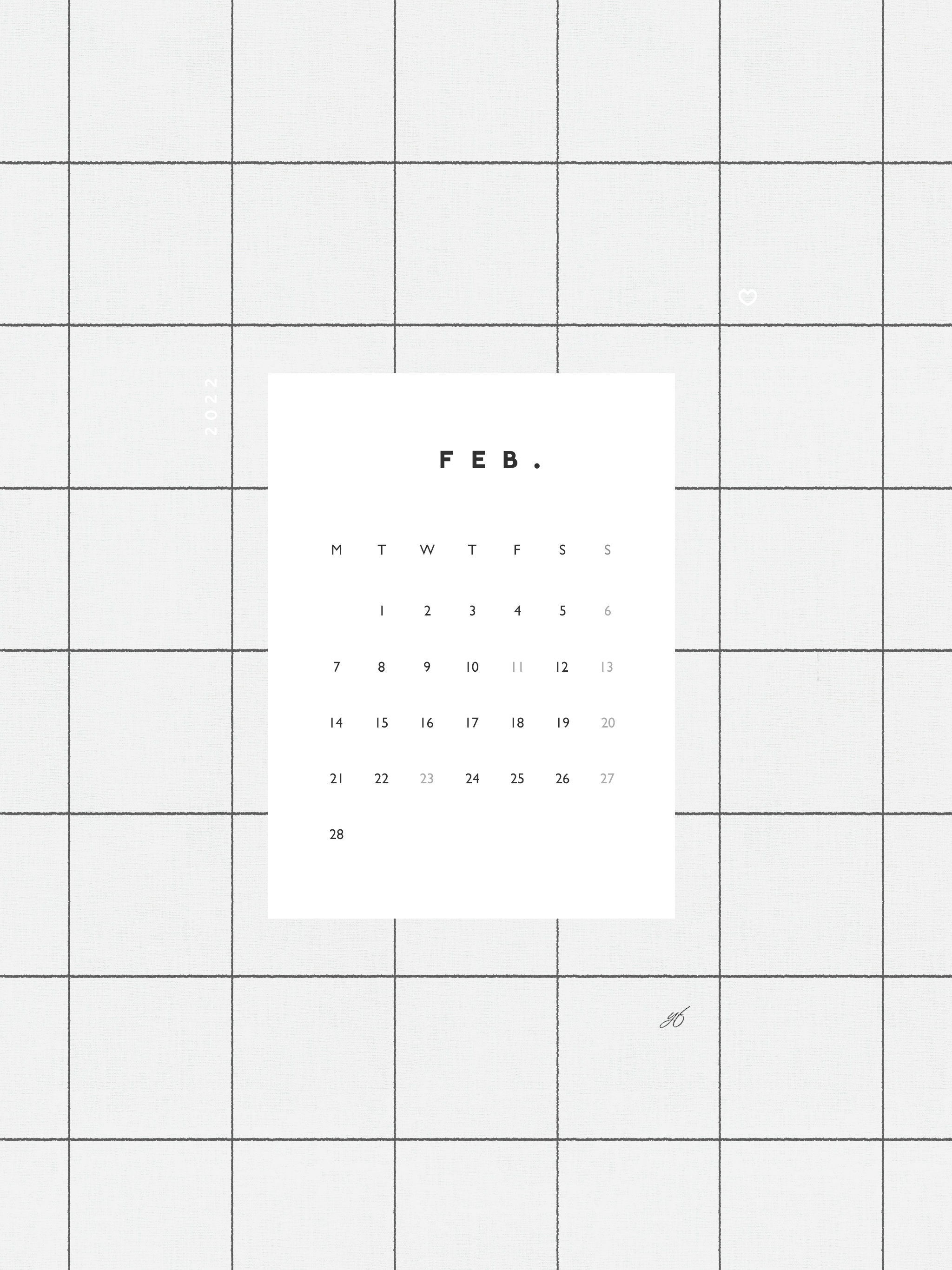2022年2月のiPad版月曜日始まりカレンダー壁紙 グレー 2048×2732px