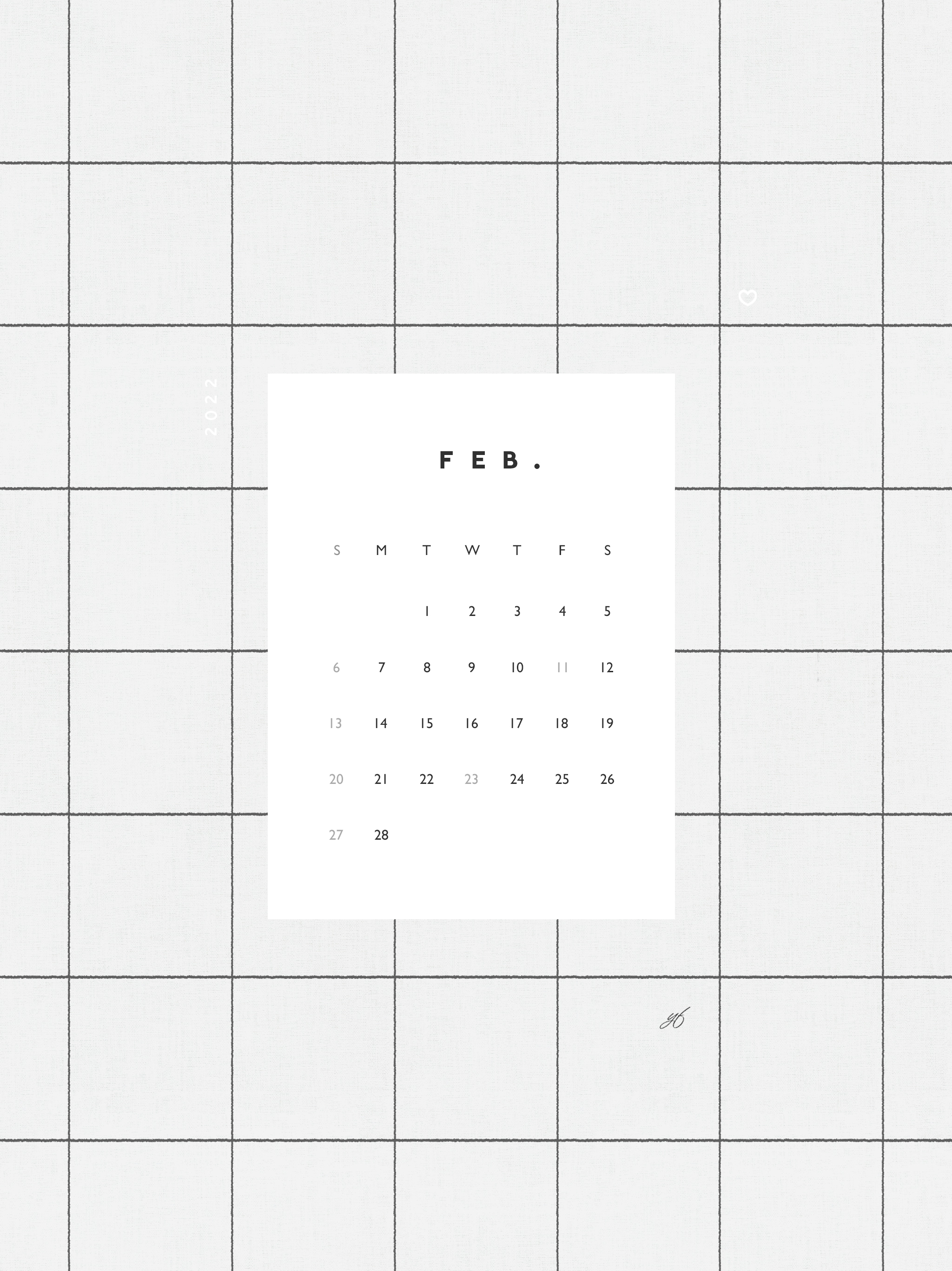 2022年2月のiPad版日曜日始まりカレンダー壁紙 グレー 2048×2732px