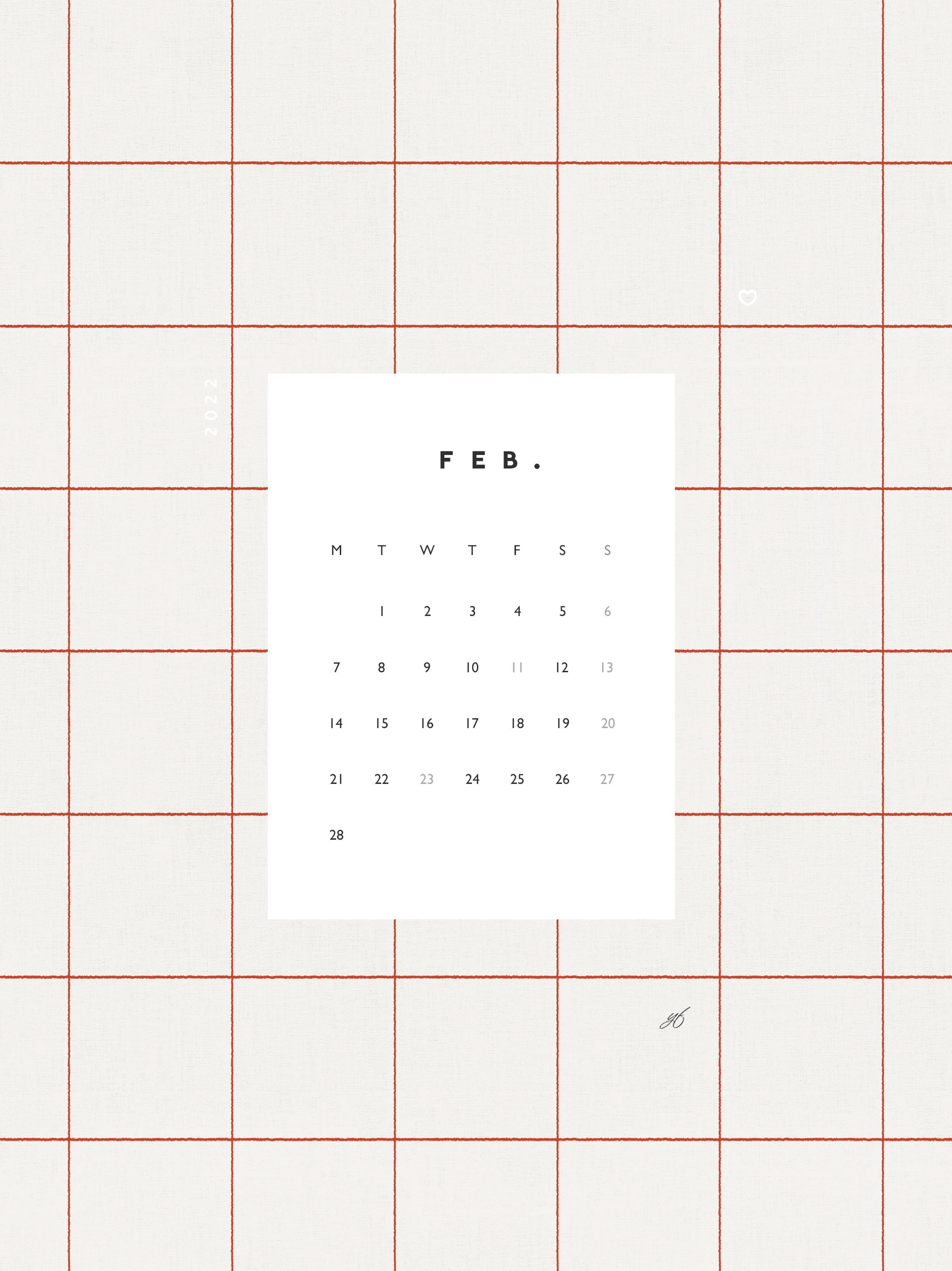 2022年2月のiPad版月曜日始まりカレンダー壁紙 レッド 2048×2732px