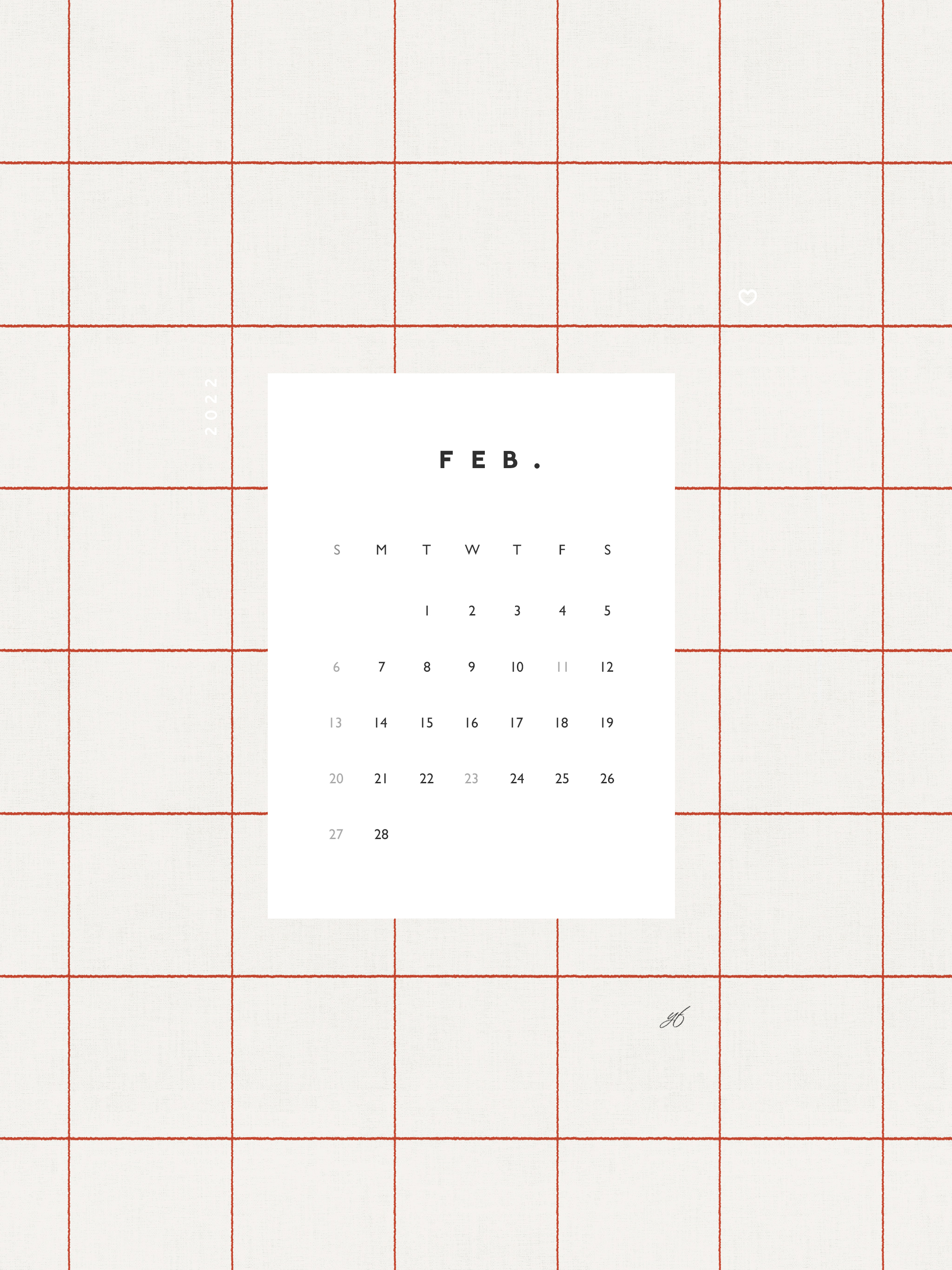 2022年2月のiPad版日曜日始まりカレンダー壁紙 レッド 2048×2732px