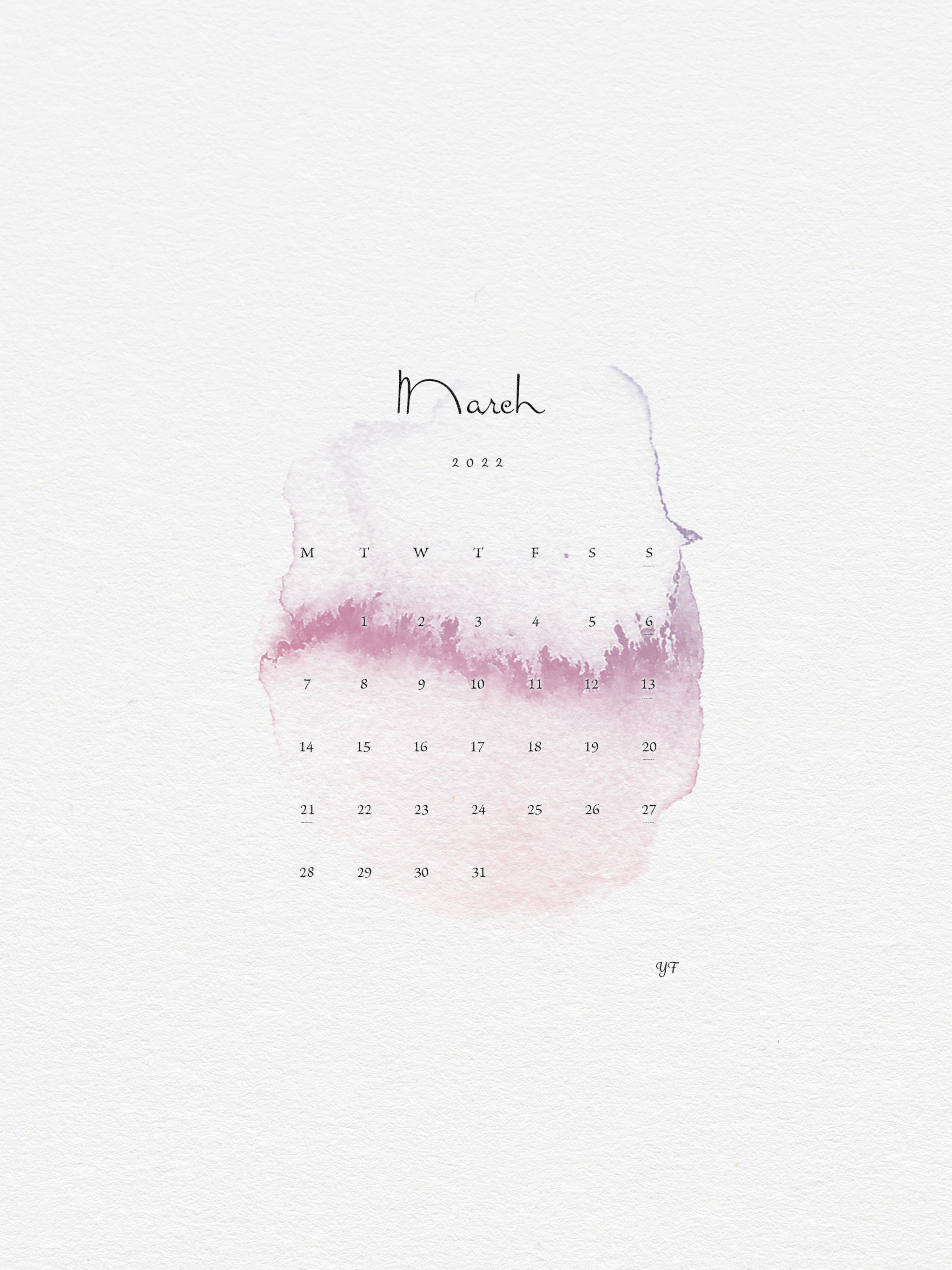2022年3月のiPad版月曜日始まりカレンダー壁紙 若紫色 2048×2732px