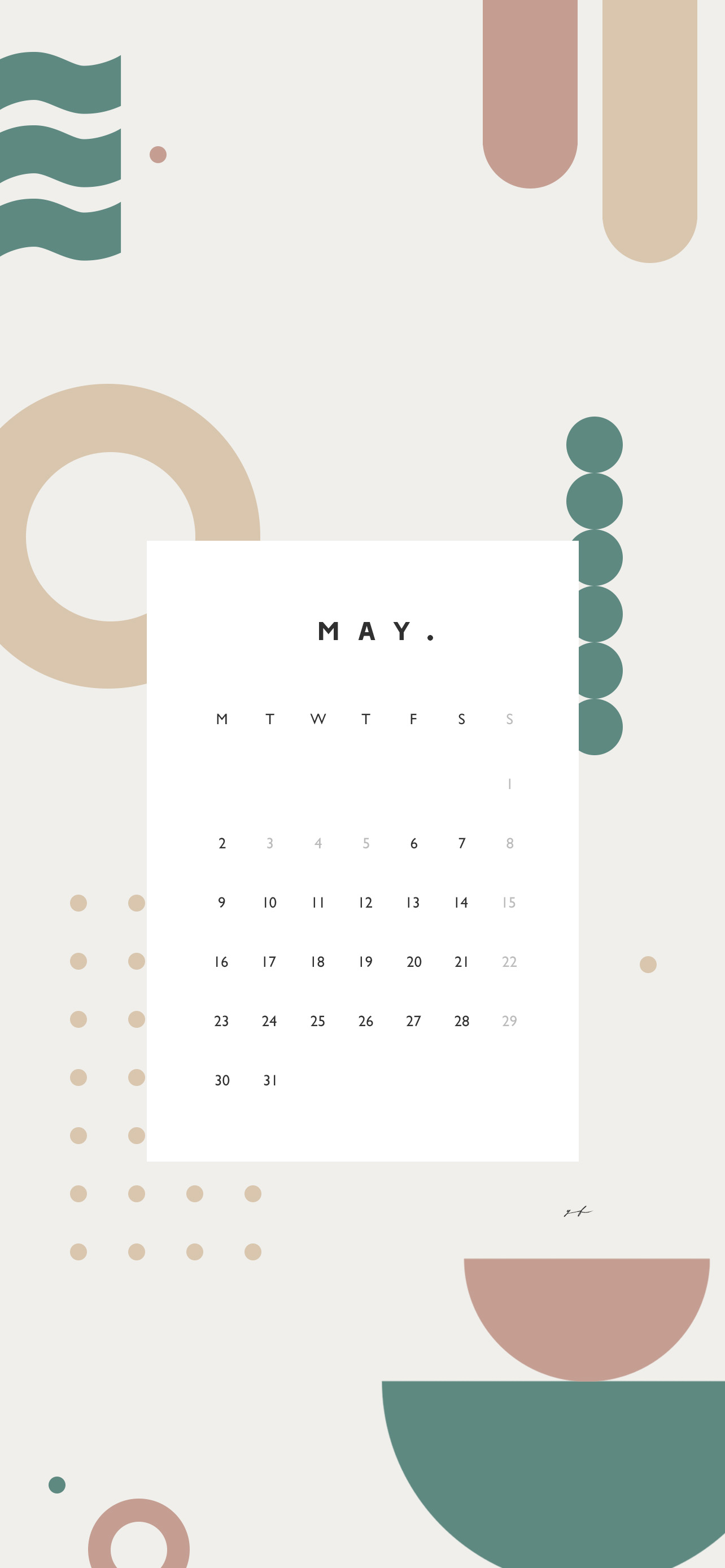 2022年5月のiPhone版月曜日始まりカレンダー壁紙 グリーン×オレンジ 1284×2778px