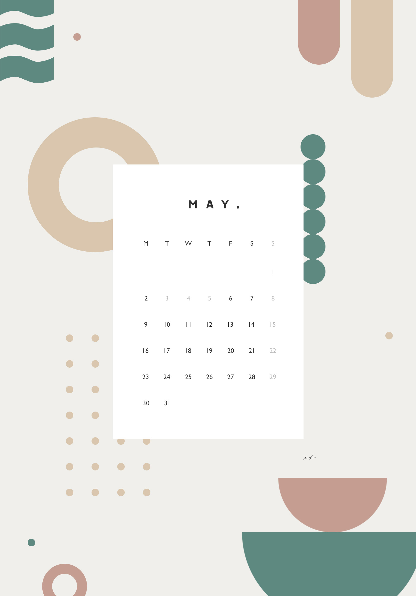 2022年5月のiPad版月曜日始まりカレンダー壁紙 グリーン×オレンジ 1668×2388px