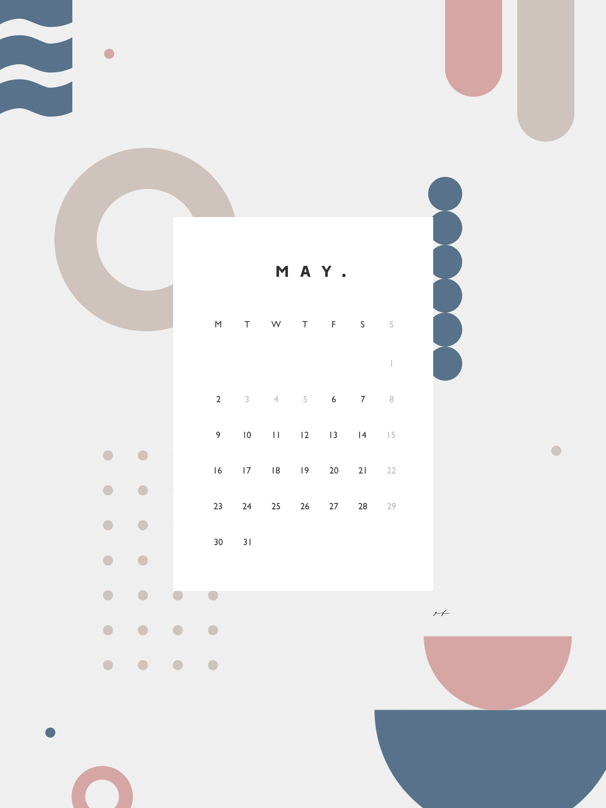 2022年5月のiPad版月曜日始まりカレンダー壁紙 ブルー×ピンク 2048×2732px
