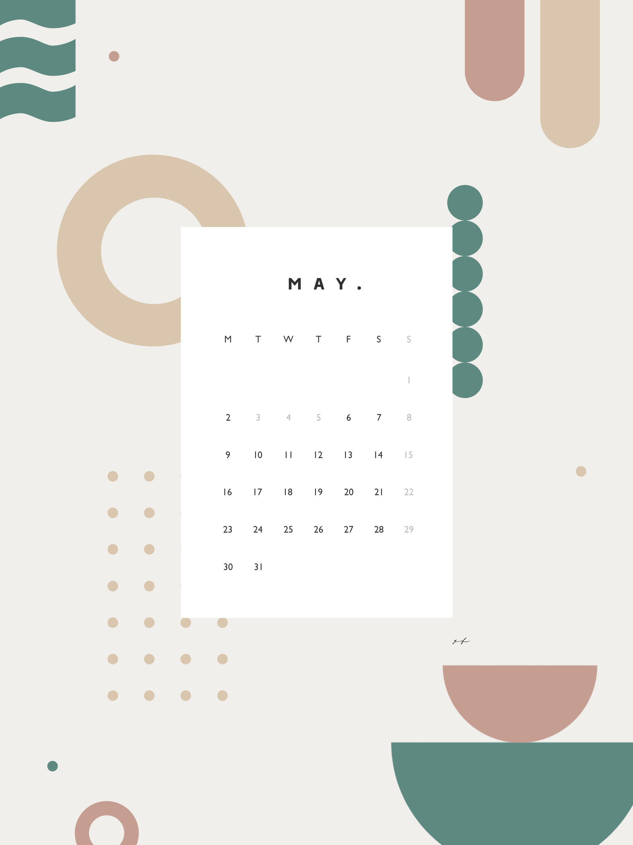 2022年5月のiPad版月曜日始まりカレンダー壁紙 グリーン×オレンジ 2048×2732px