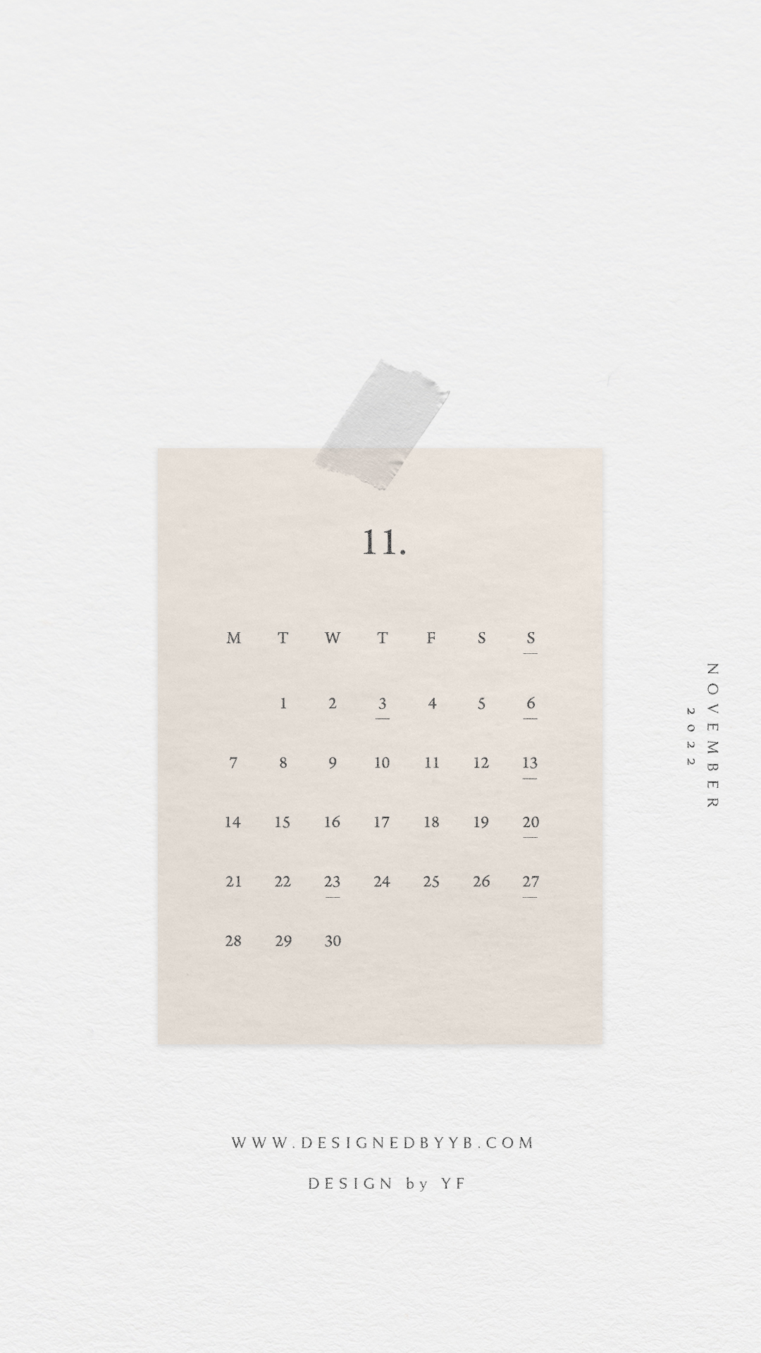 2022年11月のiPhone版月曜日始まりカレンダー壁紙 ナチュラル 1080×1920px