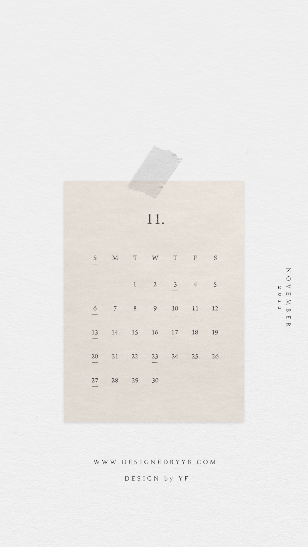 2022年11月のiPhone版日曜日始まりカレンダー壁紙 ナチュラル 1080×1920px