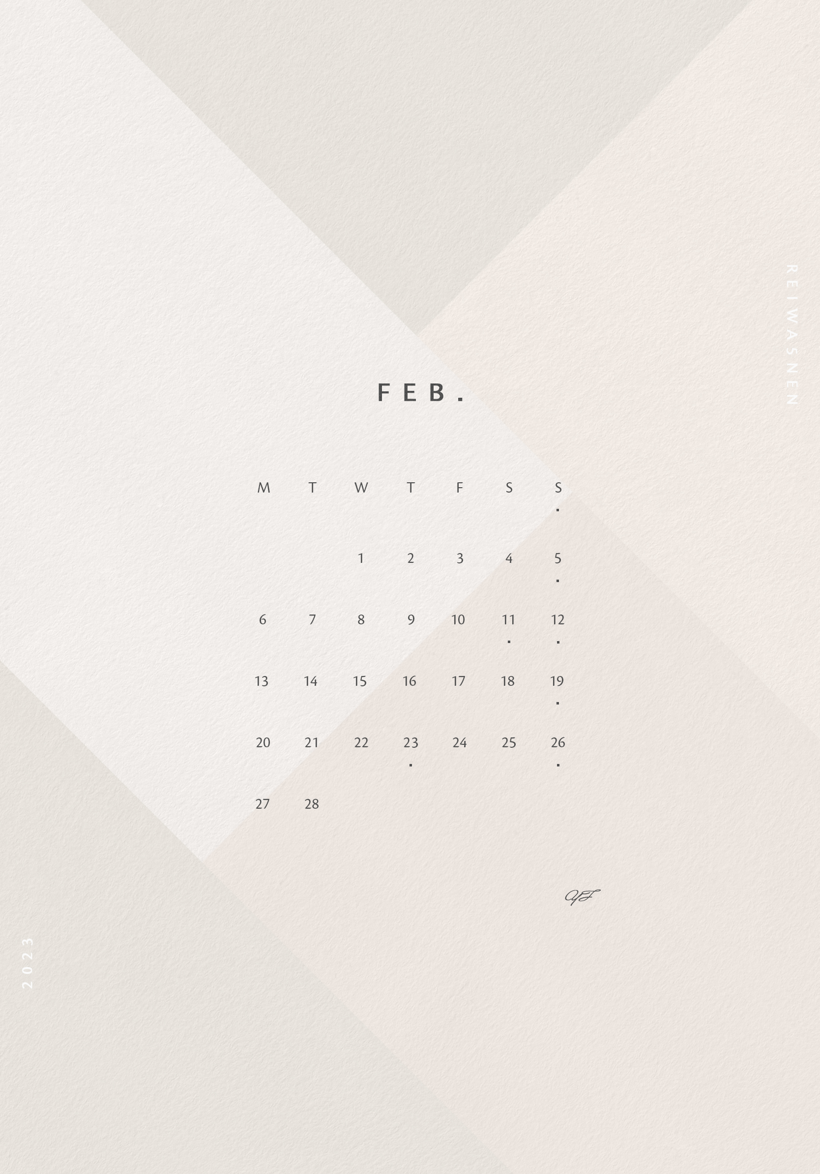 2023年2月のiPad版月曜日始まりカレンダー壁紙 1668×2388px