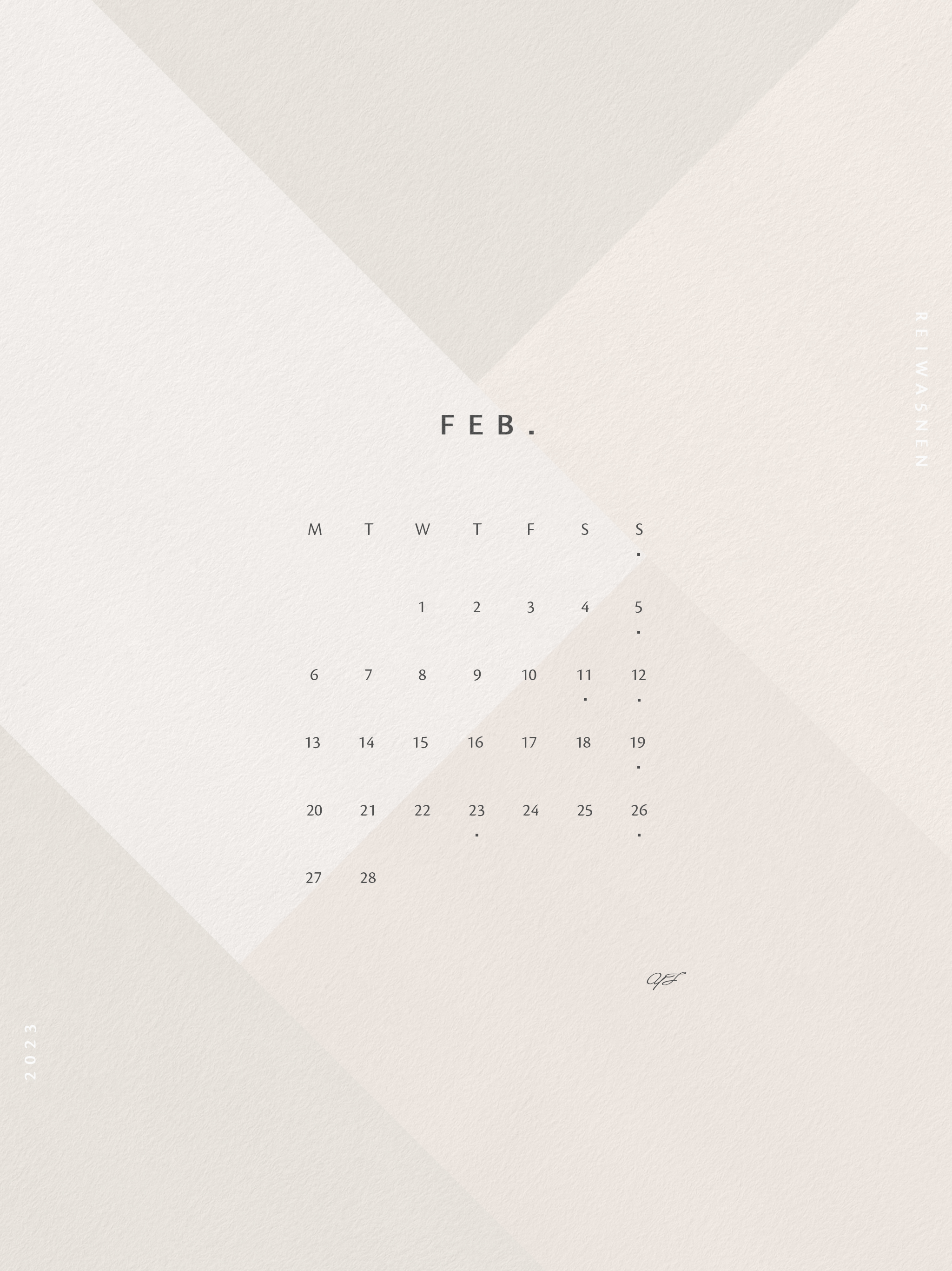 2023年2月のiPad版月曜日始まりカレンダー壁紙 2048×2732px